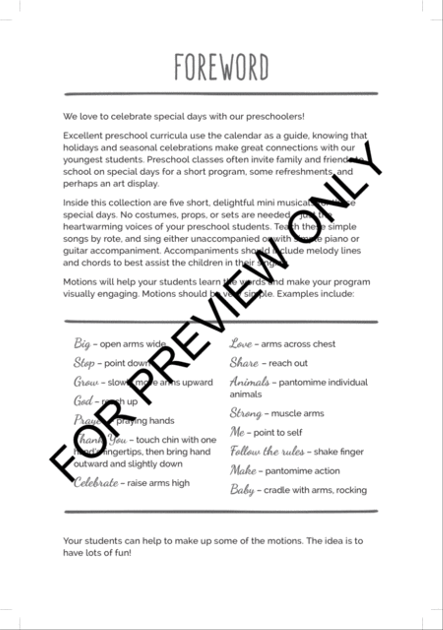 Mini Musicals: Five Short Preschool Programs for Special Days Unison Choir scores gallery preview page 2