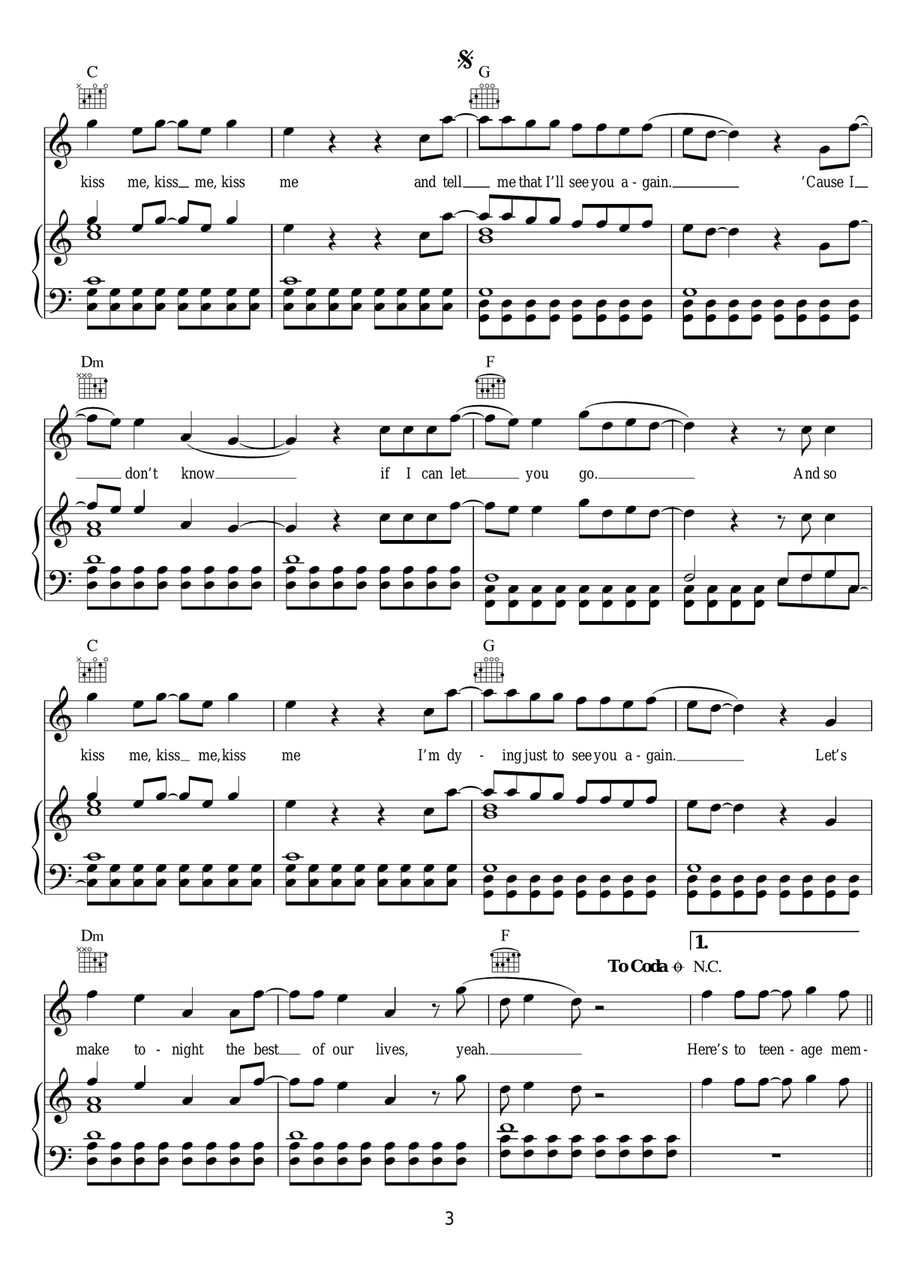 Kiss Me Kiss Me Kiss Me Kiss Me Piano, Vocal, Guitar scores gallery preview page 3