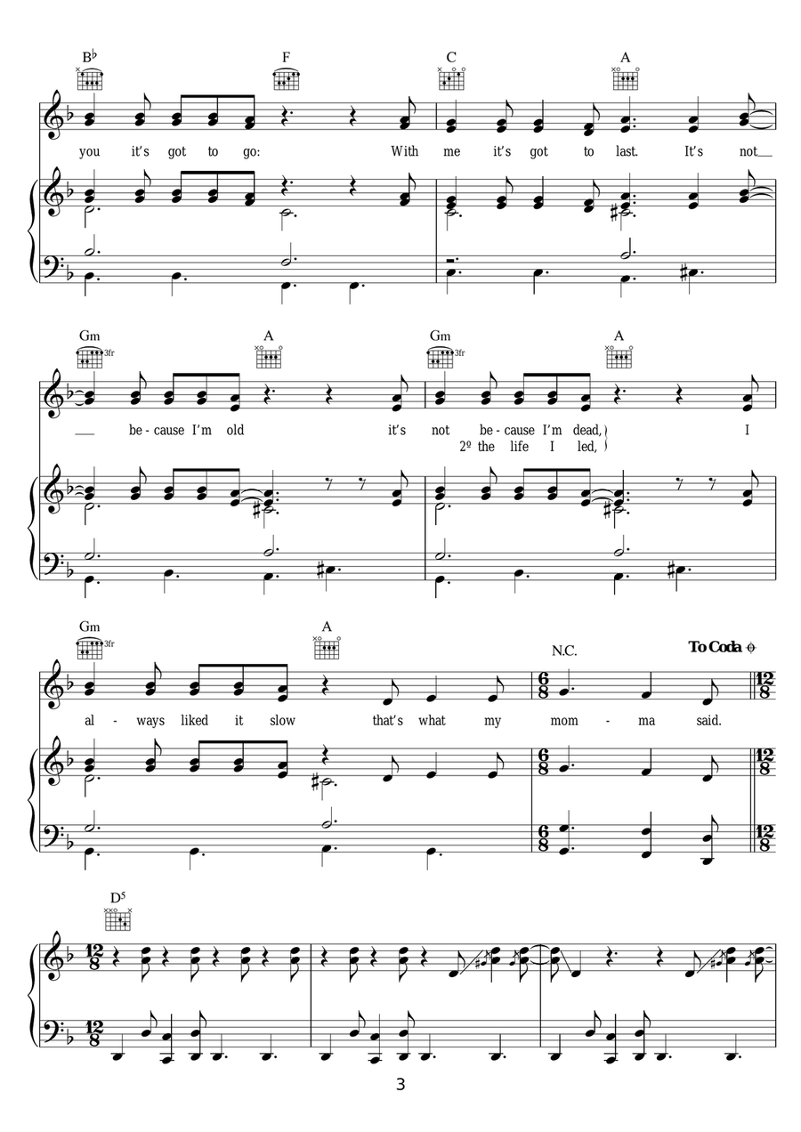 Slow Piano, Vocal, Guitar scores gallery preview page 3