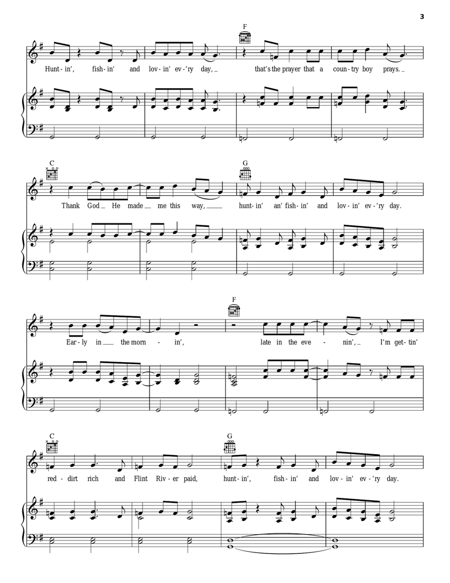 Huntin', Fishin' And Lovin' Every Day Piano, Vocal, Guitar scores gallery preview page 3