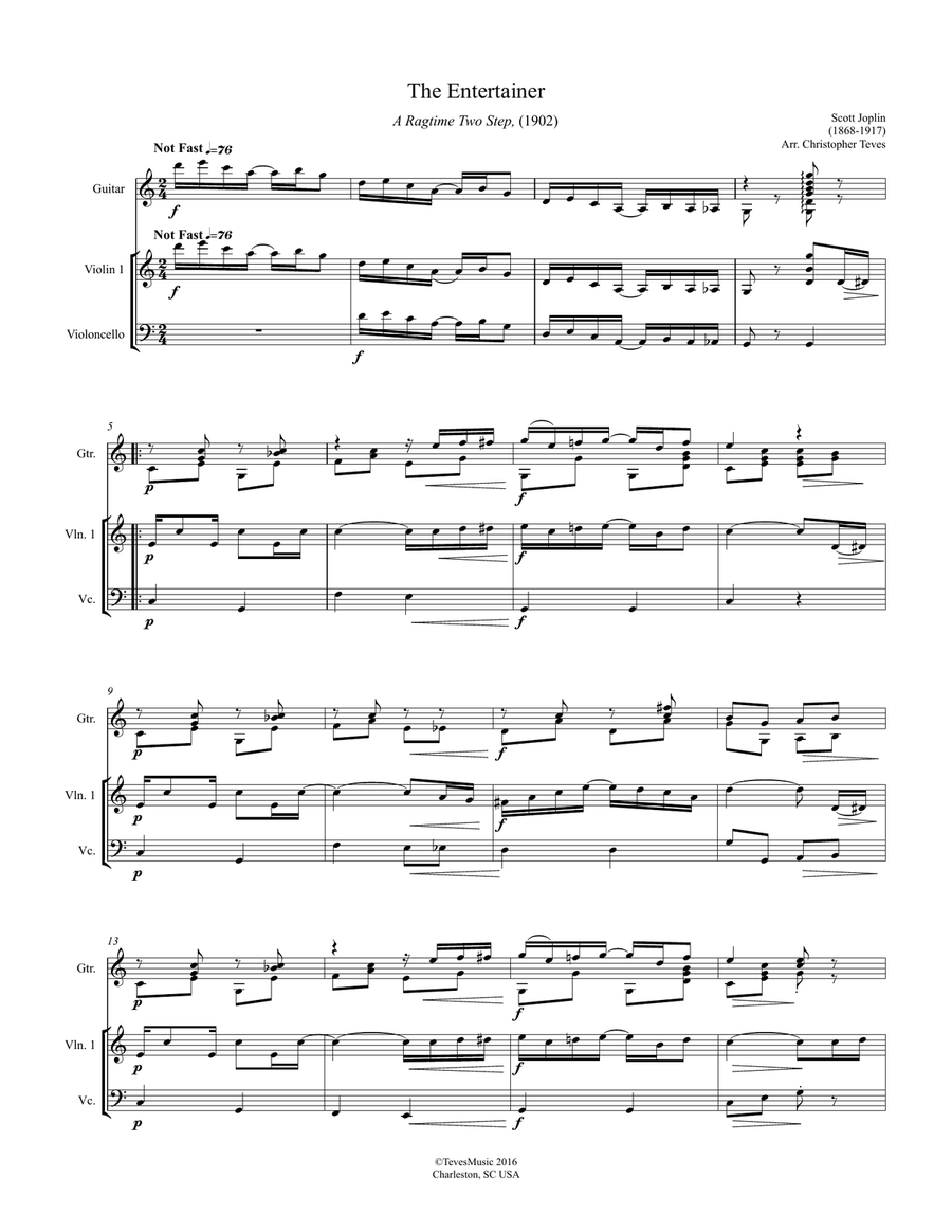 The Entertainer, a Ragtime Two Step, violin (or flute), cello, and guitar Small Ensemble scores gallery preview page 2