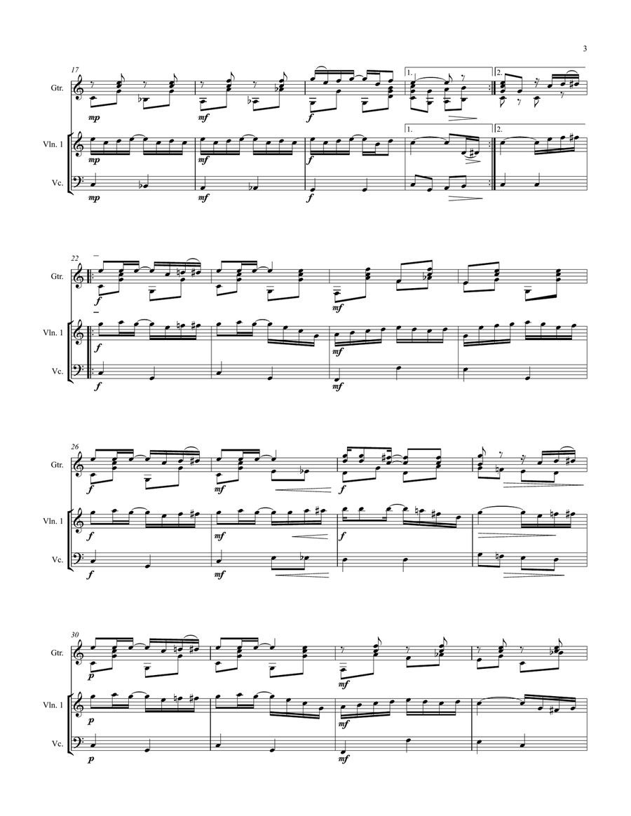 The Entertainer, a Ragtime Two Step, violin (or flute), cello, and guitar Small Ensemble scores gallery preview page 3