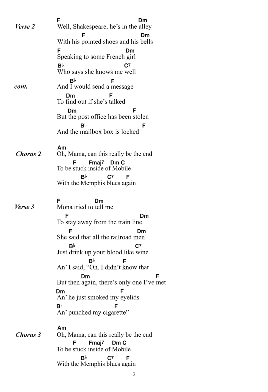 Stuck Inside Of Mobile With The Memphis Blues Again Piano, Vocal, Guitar scores gallery preview page 2
