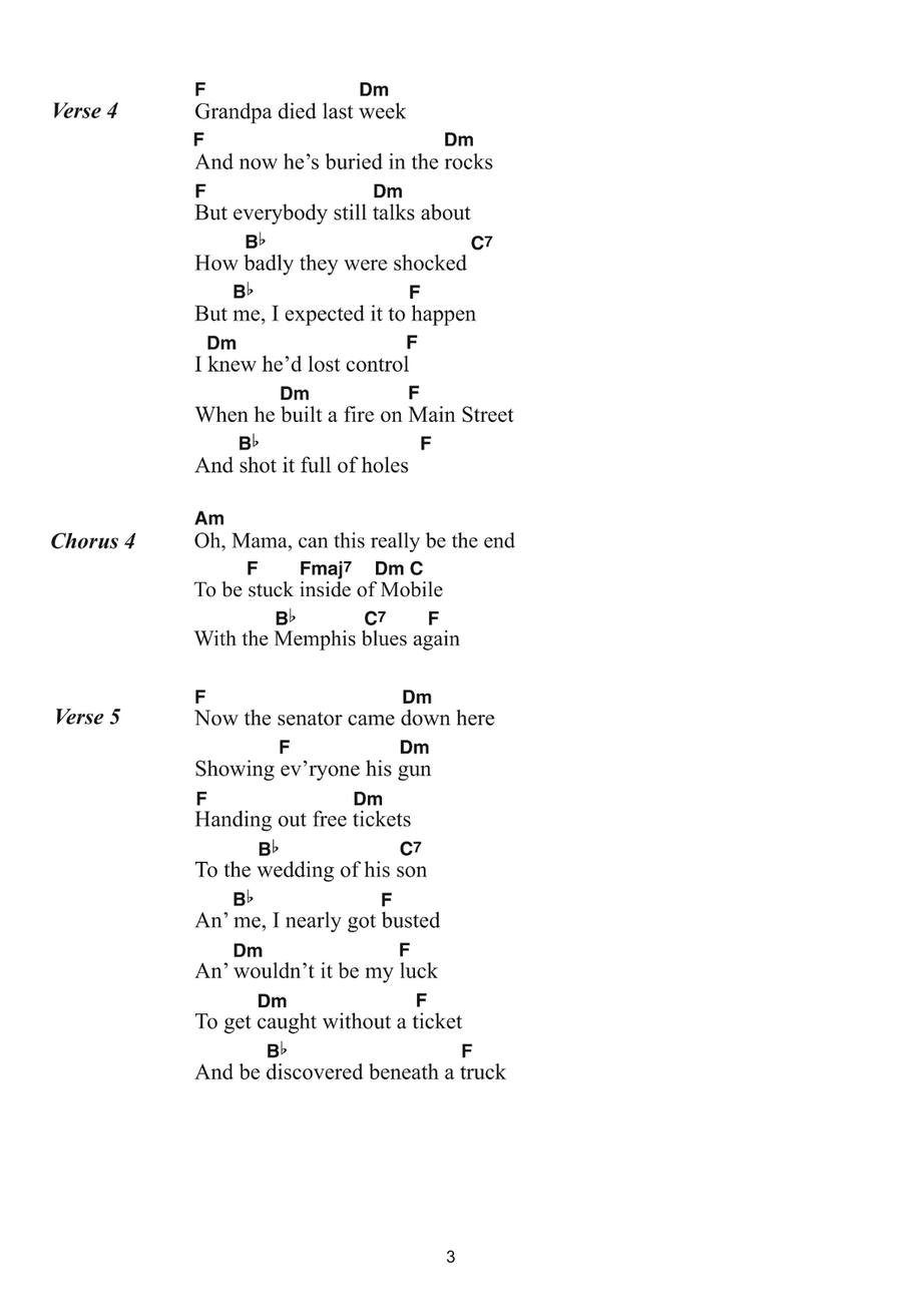 Stuck Inside Of Mobile With The Memphis Blues Again Piano, Vocal, Guitar scores gallery preview page 3