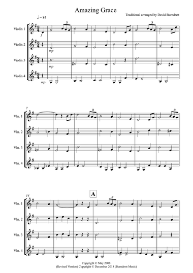 Amazing Grace for Violin Quartet