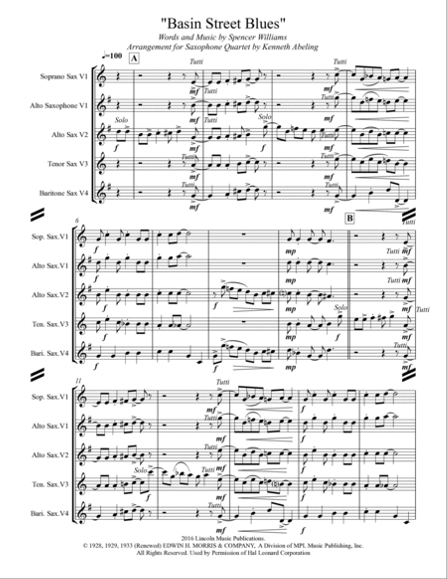 Basin Street Blues Saxophone Quartet scores gallery preview page 2
