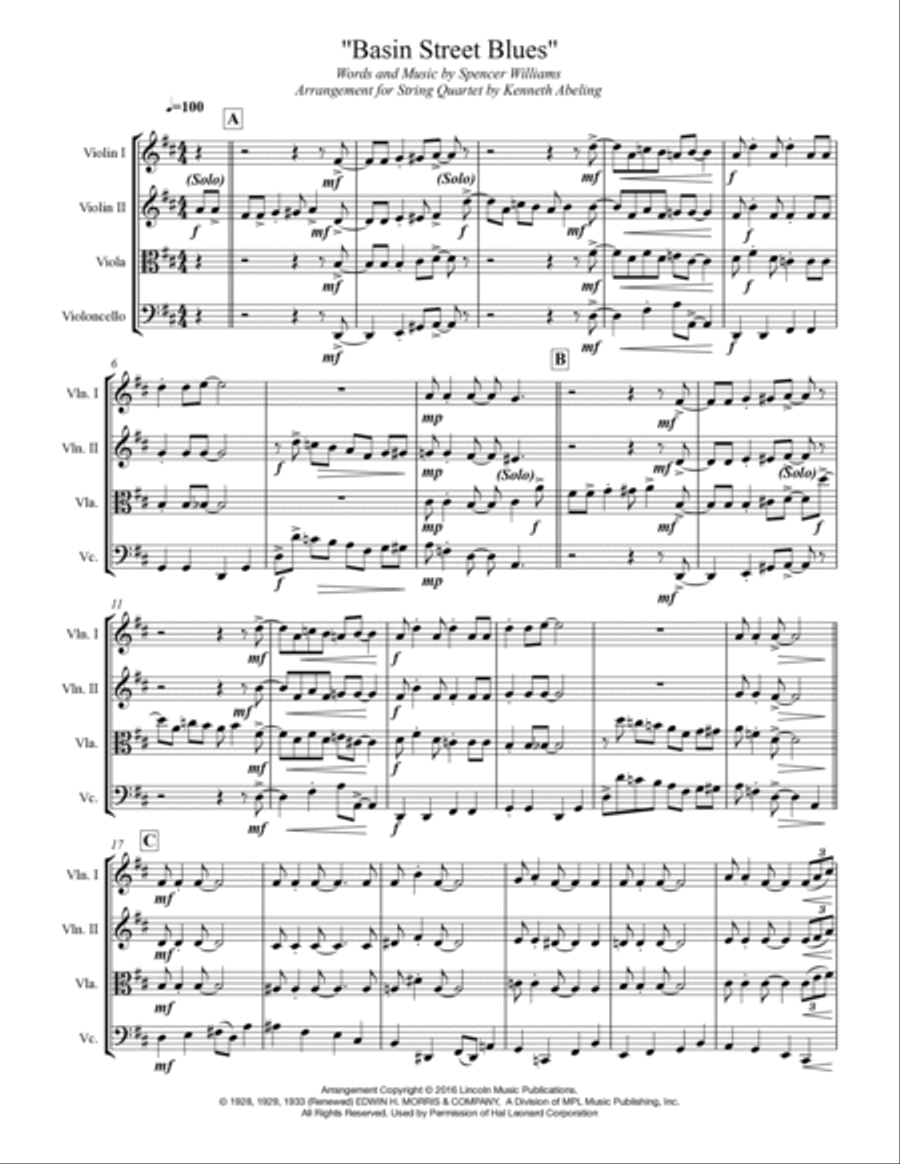 Basin Street Blues String Quartet scores gallery preview page 2