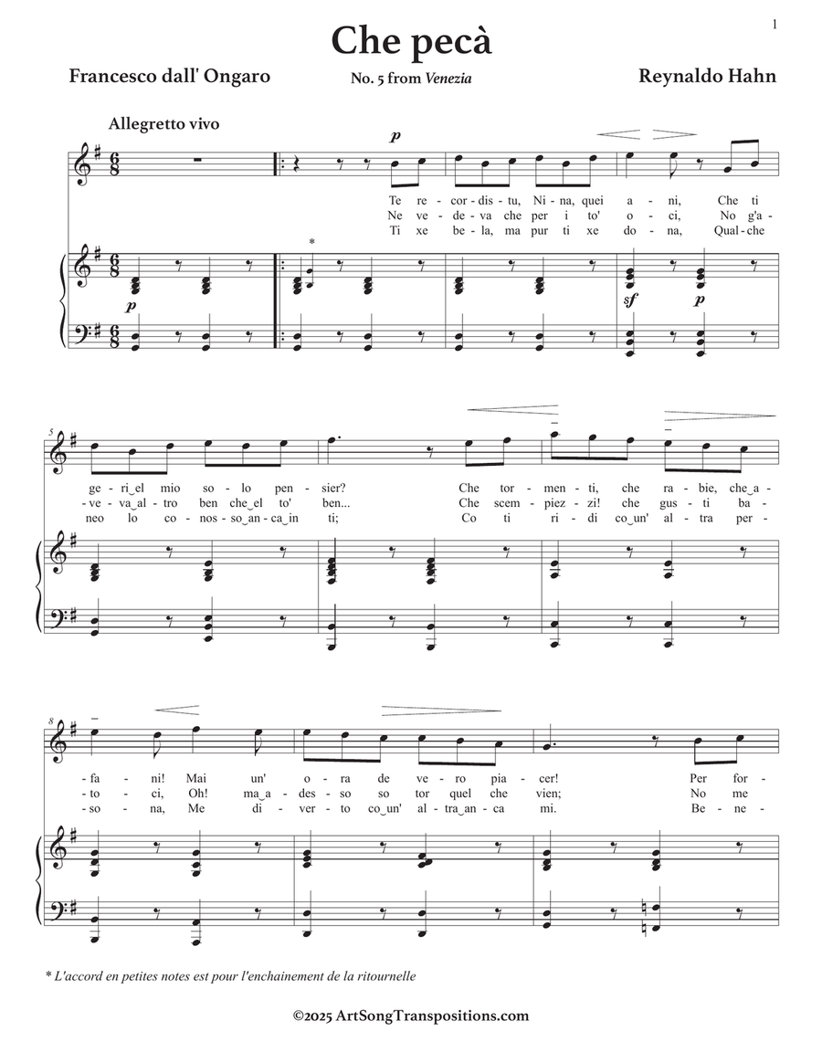 HAHN: Che pecà (transposed to G major) Piano, Vocal scores gallery preview page 2