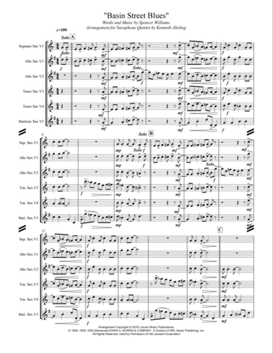 Basin Street Blues Saxophone Quintet scores gallery preview page 2