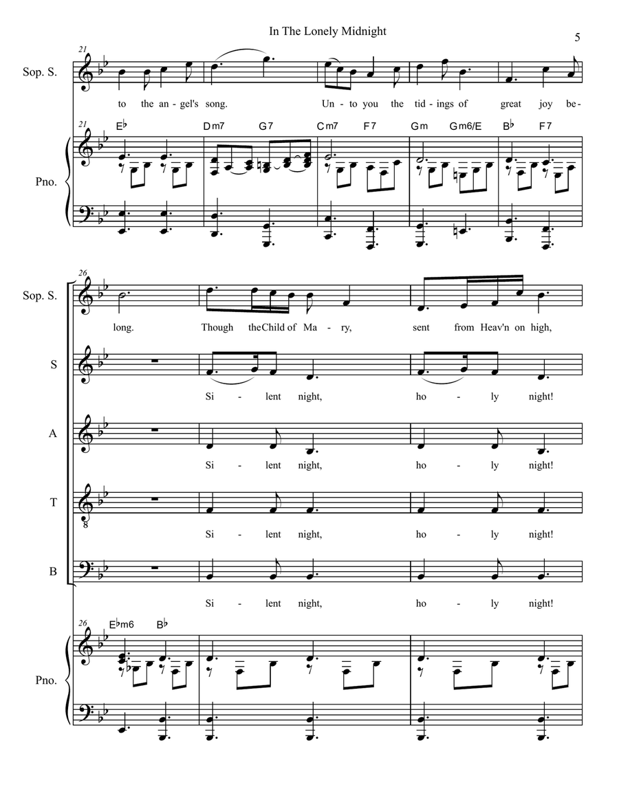 Silent Night / In The Lonely Midnight (Soprano solo with SATB) 4-Part scores gallery preview page 5