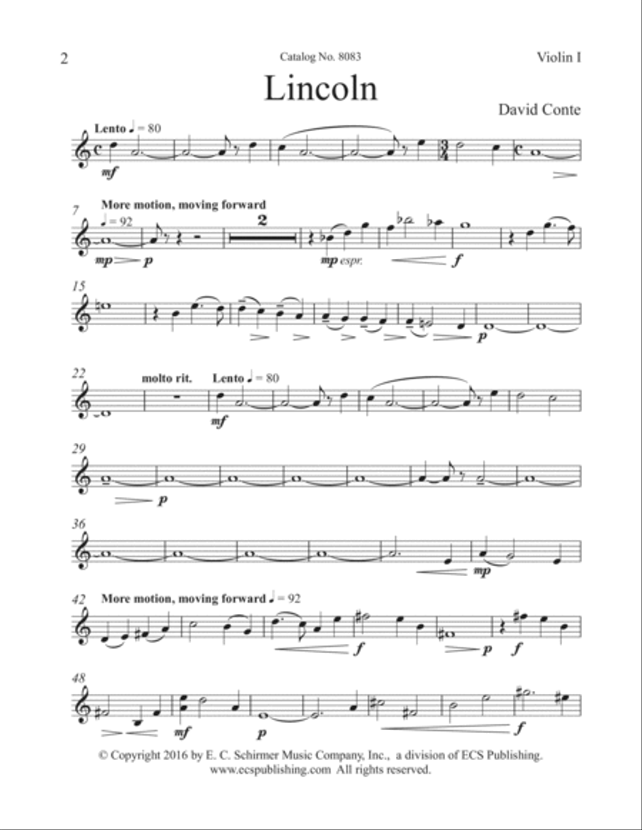 Lincoln (Violin 1 Part) (Downloadable) Violin scores gallery preview page 1