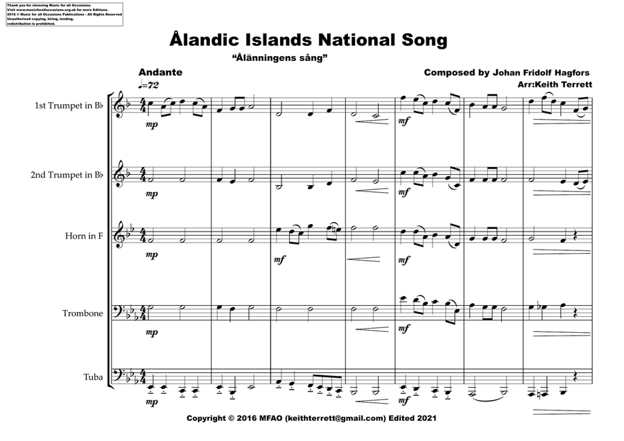 Åland Islands National Song (Song of the Ålander - Ålänningens sång) for Brass Quintet Brass Quintet scores gallery preview page 2