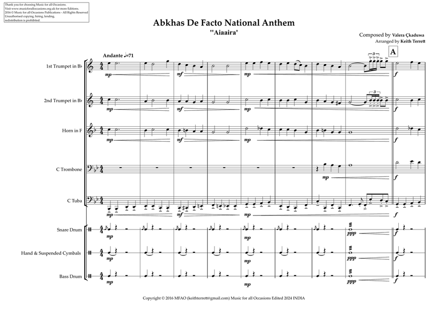 Abkhas De Facto Provincial Anthem ''Aiaaira' for Brass Quintet & Percussion Brass Quintet scores gallery preview page 2