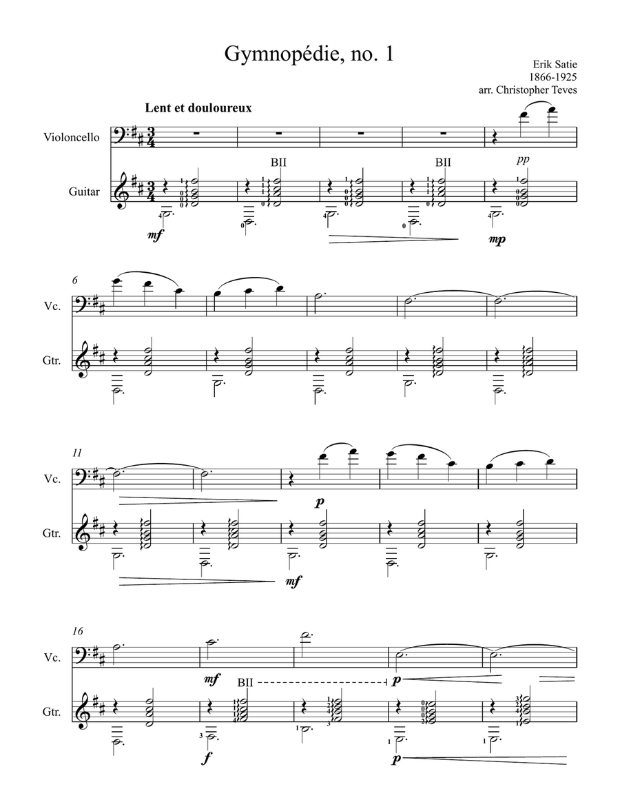 Gymnopédie, no. 1, for cello and guitar String Duet scores gallery preview page 2