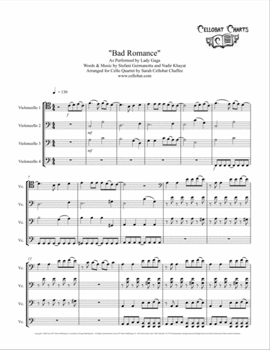 Bad Romance Cello scores gallery preview page 1