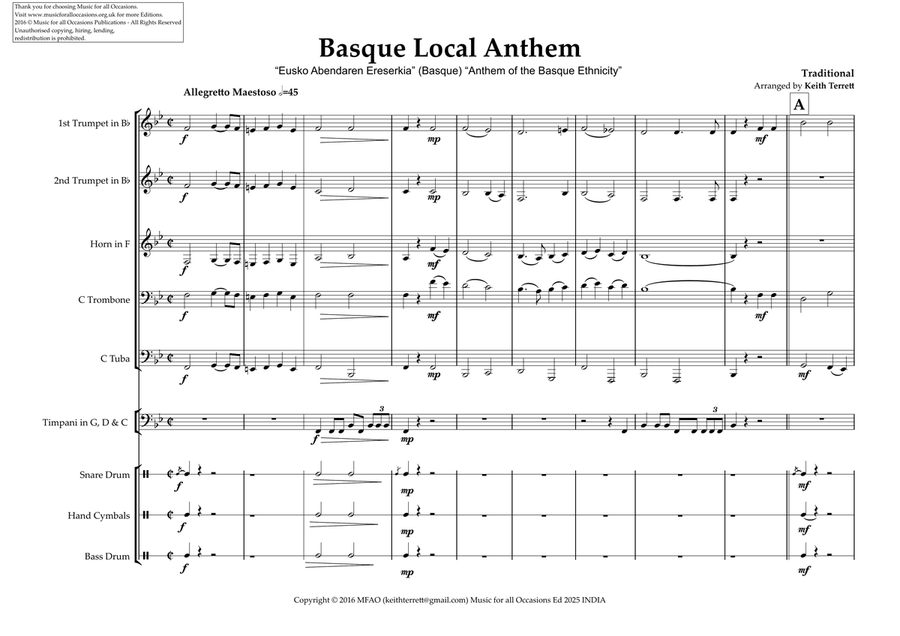Basque Local Anthem for Brass Quintet & optional Percussion. Brass Ensemble scores gallery preview page 2