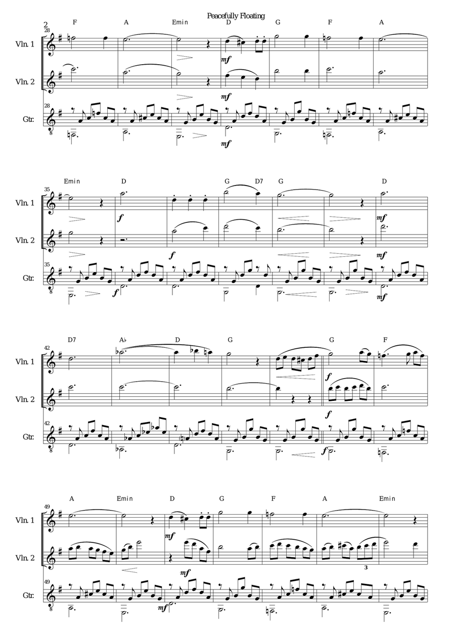 Peacefully Floating for 2 violins and guitar Peacefully Floating for 2 violins and guitar String Duet scores gallery preview page 2