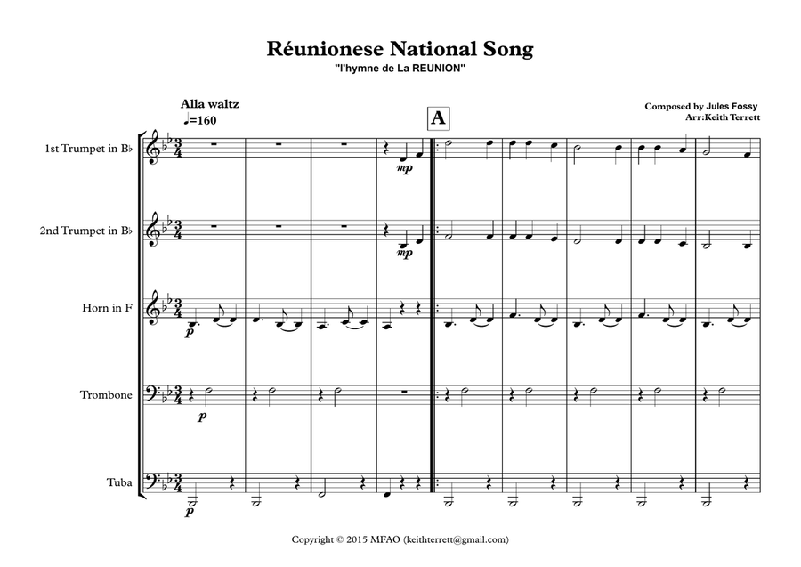 Réunionese National Song (''l'hymne de La REUNION'') for Brass Quintet Brass Quintet scores gallery preview page 2
