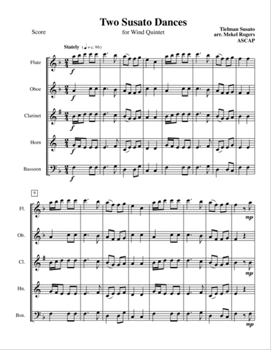 Two Susato Dances Woodwind Quintet scores gallery preview page 1