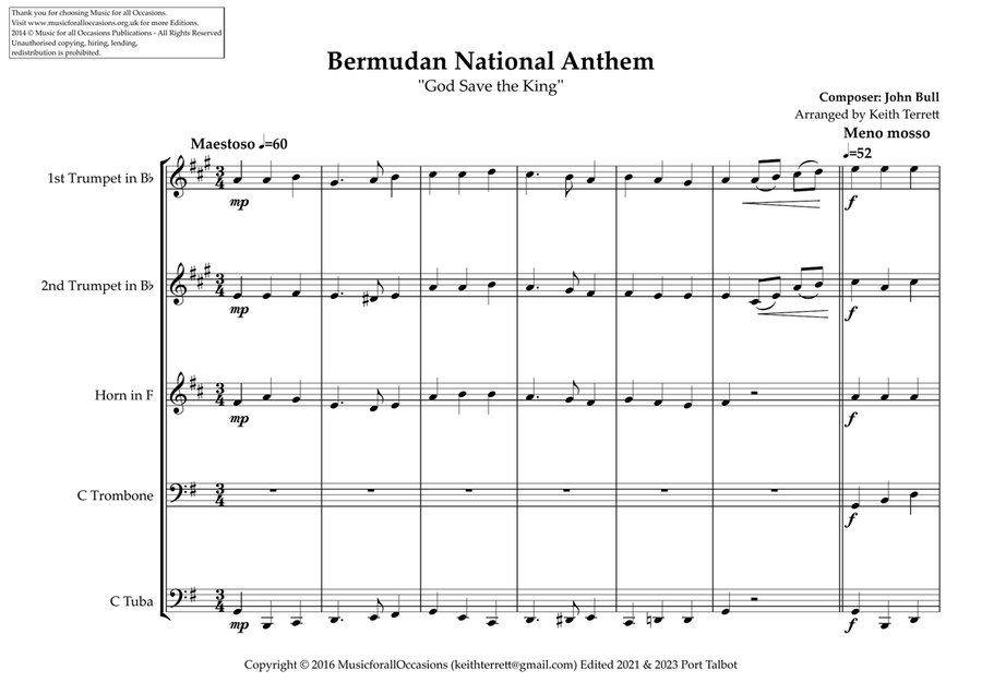 Bermudan National & Local Anthem (Hail to Bermuda) for Brass Quintet Brass Quintet scores gallery preview page 2