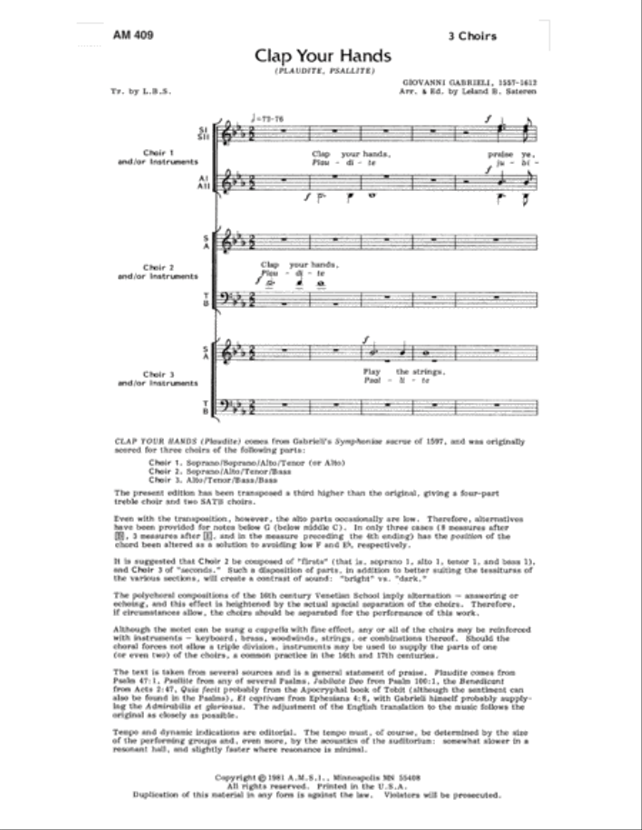 Clap Your Hands (Gabrieli) (Digital Download) SSAA scores gallery preview page 1