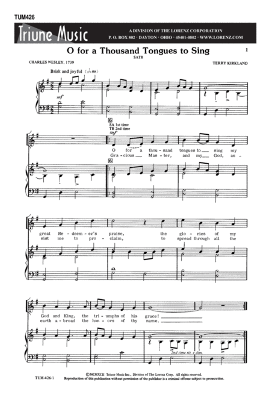 O For a Thousand Tongues to Sing! (Digital Download) 4-Part scores gallery preview page 1