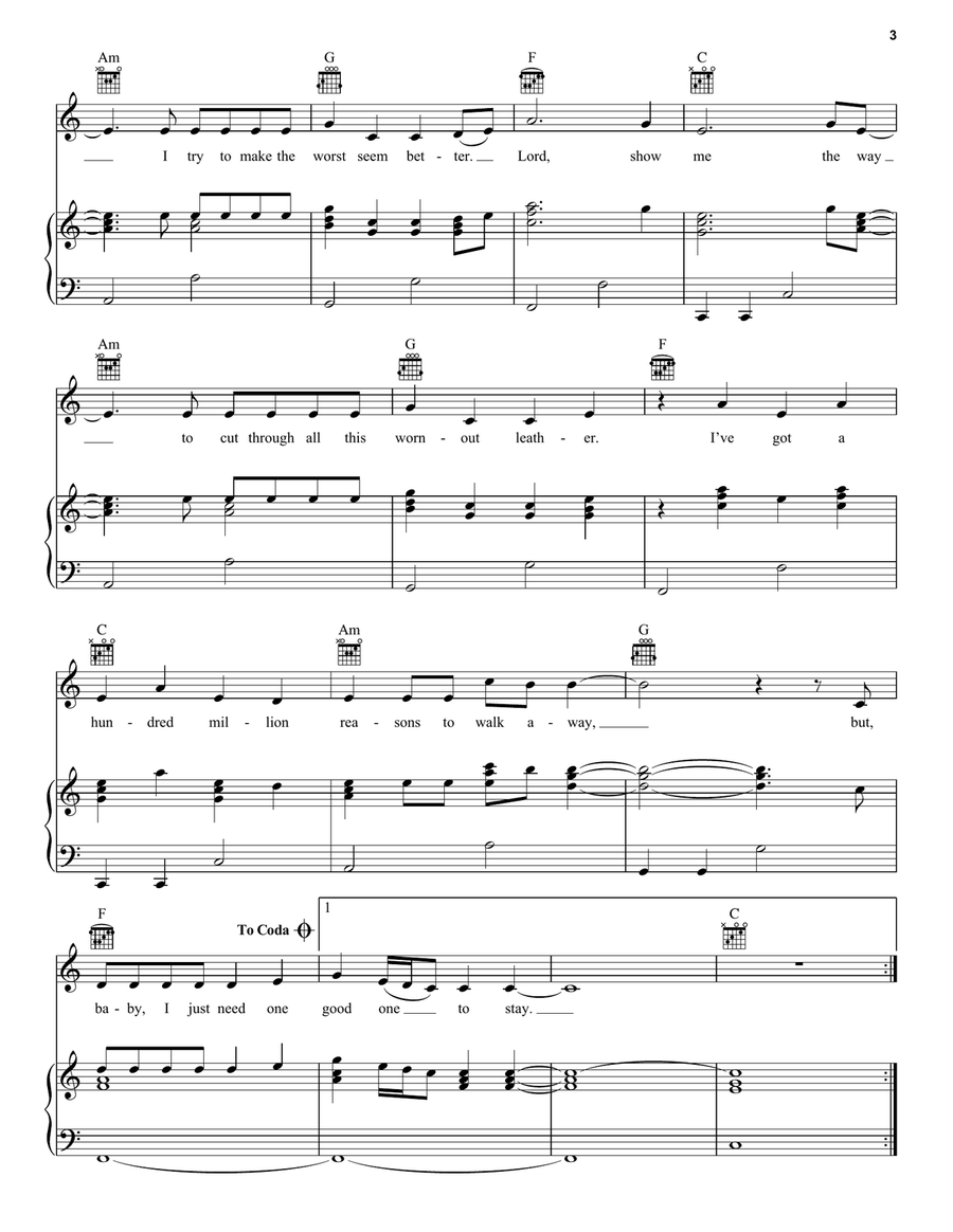 Million Reasons Piano, Vocal, Guitar scores gallery preview page 3