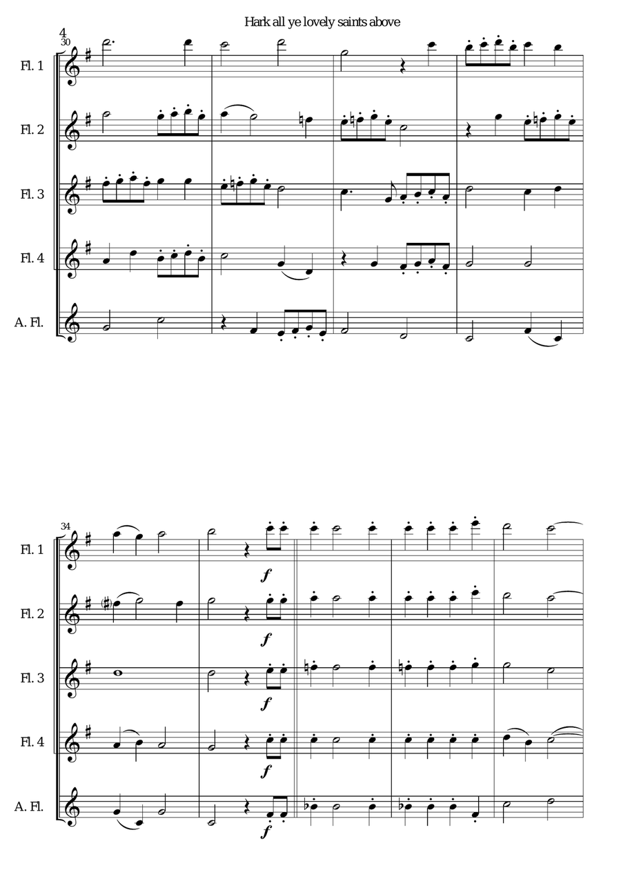 Hark all ye lovely saints above for flute quintet (4 flutes and 1 alto flute) Woodwind Quartet scores gallery preview page 4