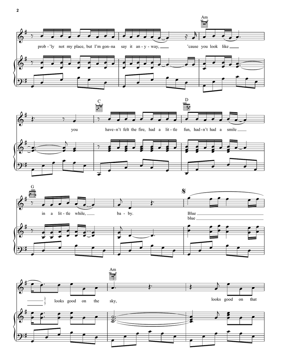 Blue Ain't Your Color Blue Ain't Your Color Piano, Vocal, Guitar scores gallery preview page 2