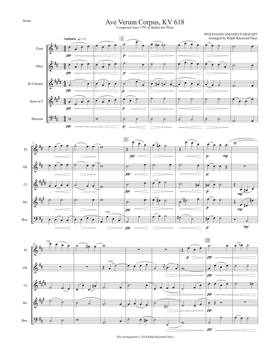 Ave Verum Corpus, KV 618 (1791) Woodwind Quintet scores gallery preview page 2