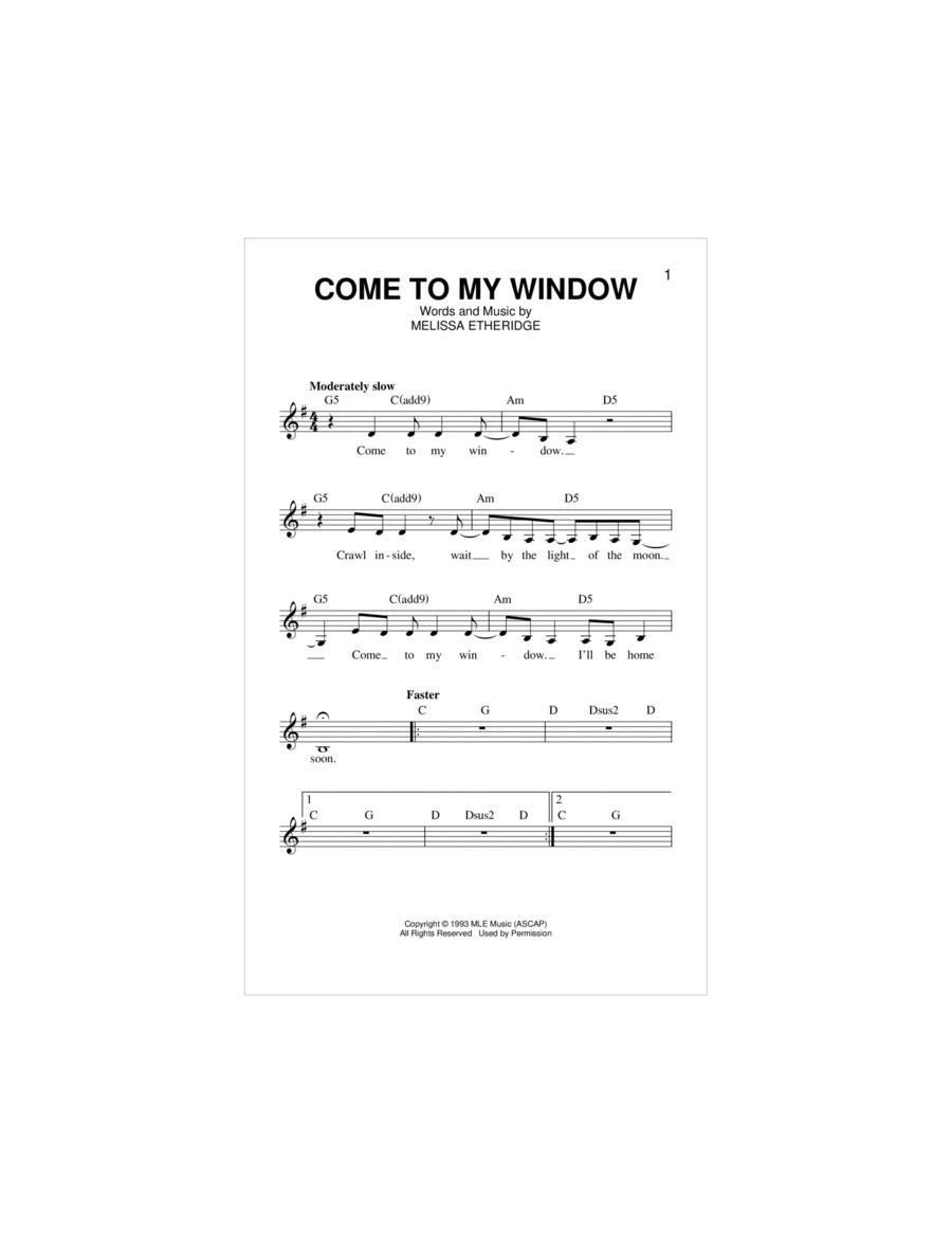 Come To My Window Piano scores gallery preview page 1