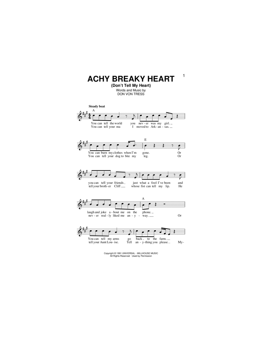 Achy Breaky Heart (Don't Tell My Heart) Piano scores gallery preview page 1