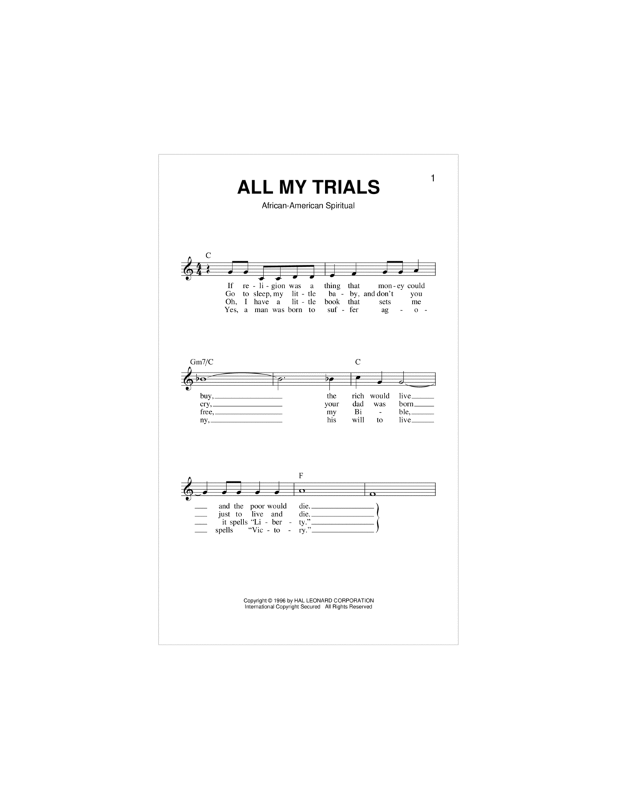 All My Trials Piano scores gallery preview page 1