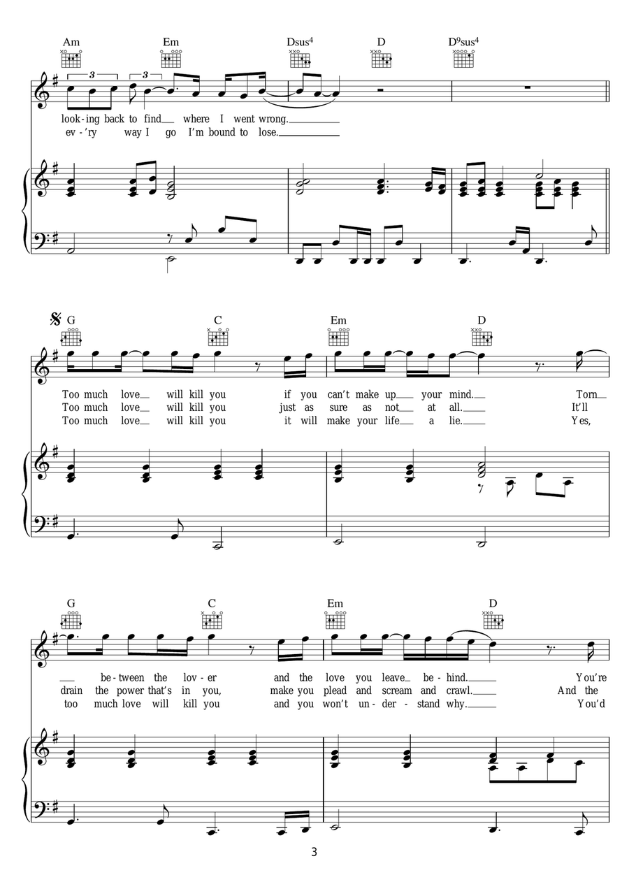 Too Much Love Will Kill You Piano, Vocal scores gallery preview page 3