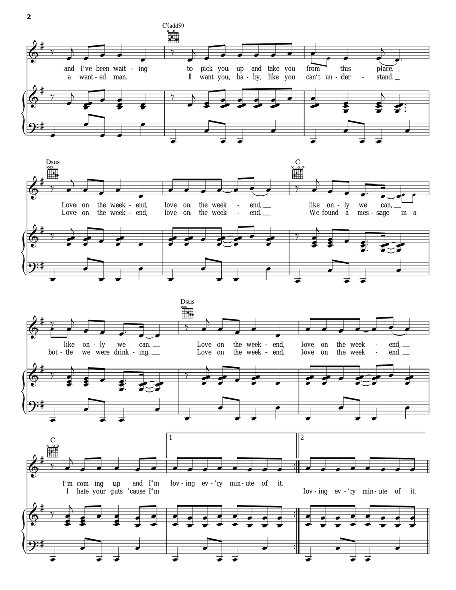 Love On The Weekend Love On The Weekend Piano, Vocal, Guitar scores gallery preview page 2