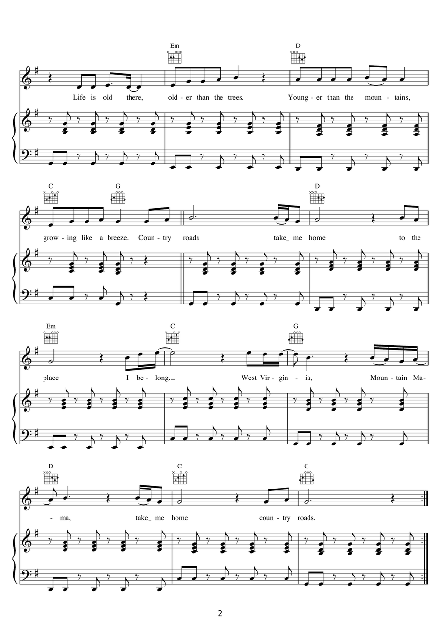 Country Road by Bill Danoff Piano, Vocal - Digital Sheet Music page 2