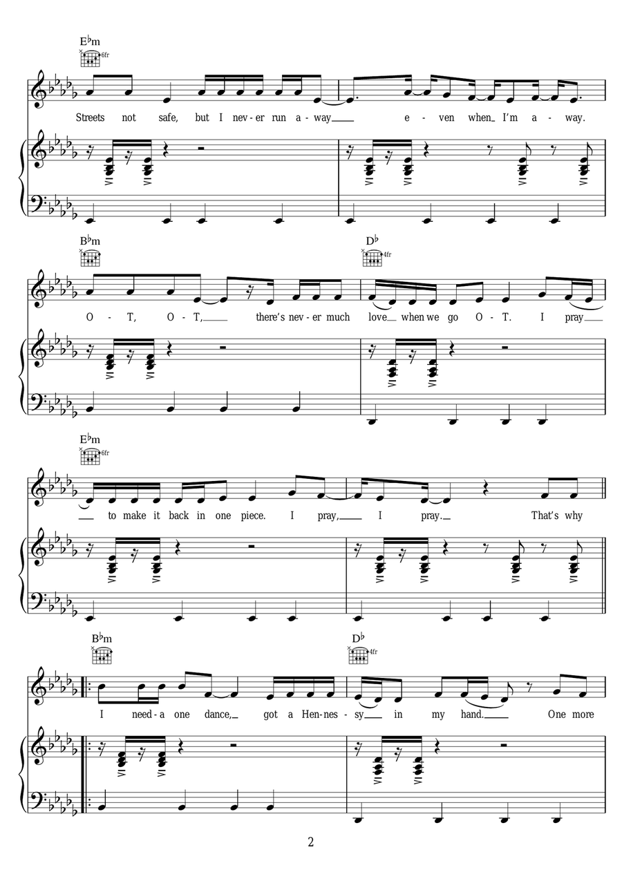 One Dance (featuring Wizkid and Kyla) Piano, Vocal scores gallery preview page 2