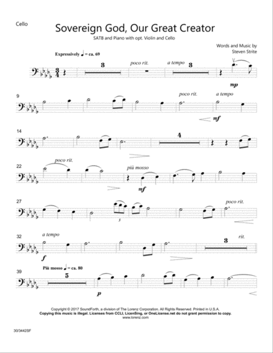 Sovereign God, Our Great Creator - Parts for Violin and Cello Cello scores gallery preview page 2