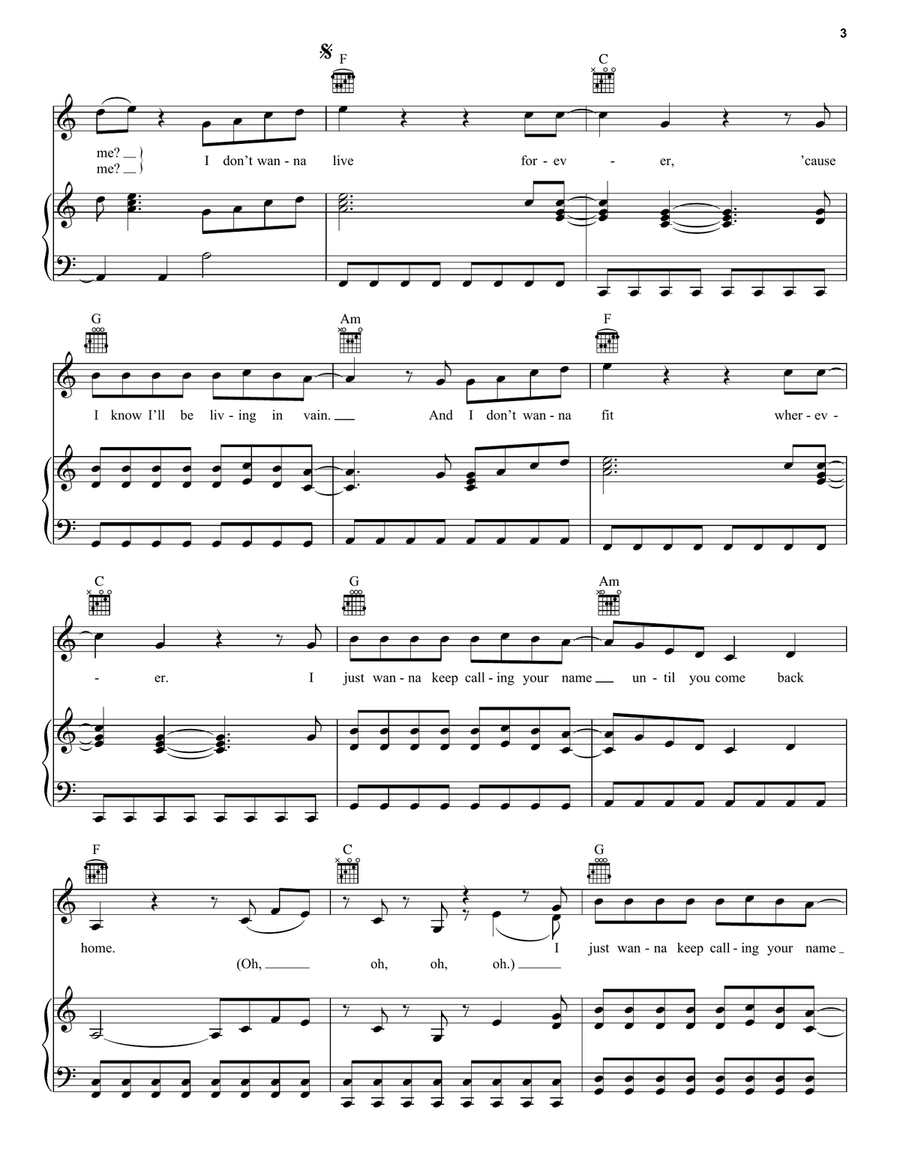 I Don't Wanna Live Forever Piano, Vocal, Guitar scores gallery preview page 3