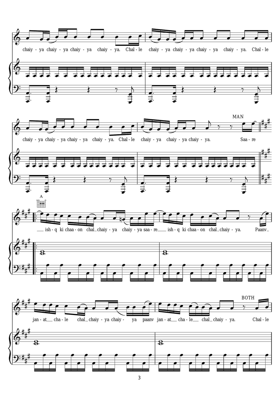 Chaiyya Chaiyya Chaiyya Chaiyya Piano, Vocal scores gallery preview page 3