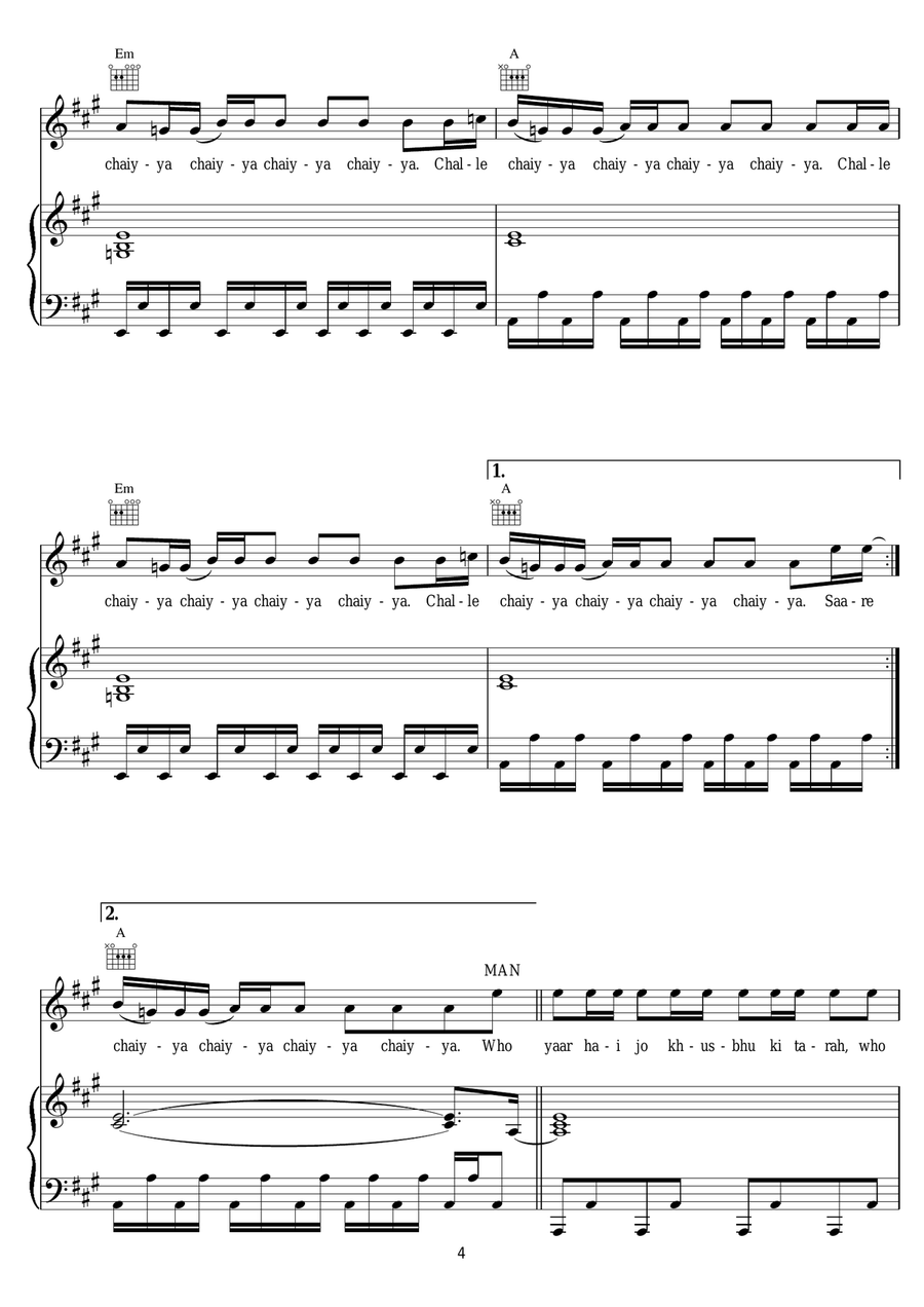 Chaiyya Chaiyya Chaiyya Chaiyya Piano, Vocal scores gallery preview page 4