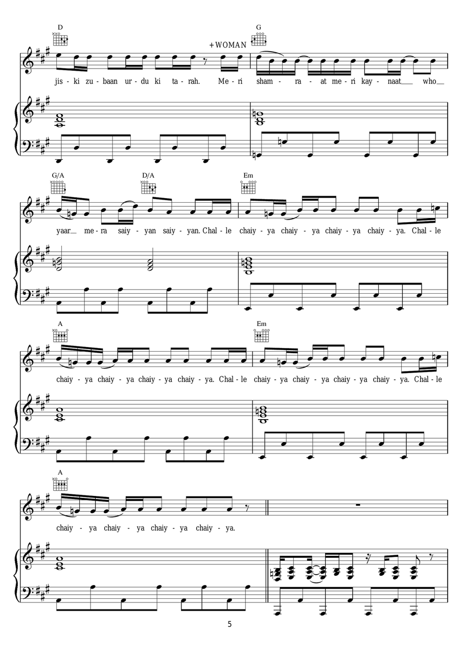 Chaiyya Chaiyya Chaiyya Chaiyya Piano, Vocal scores gallery preview page 5