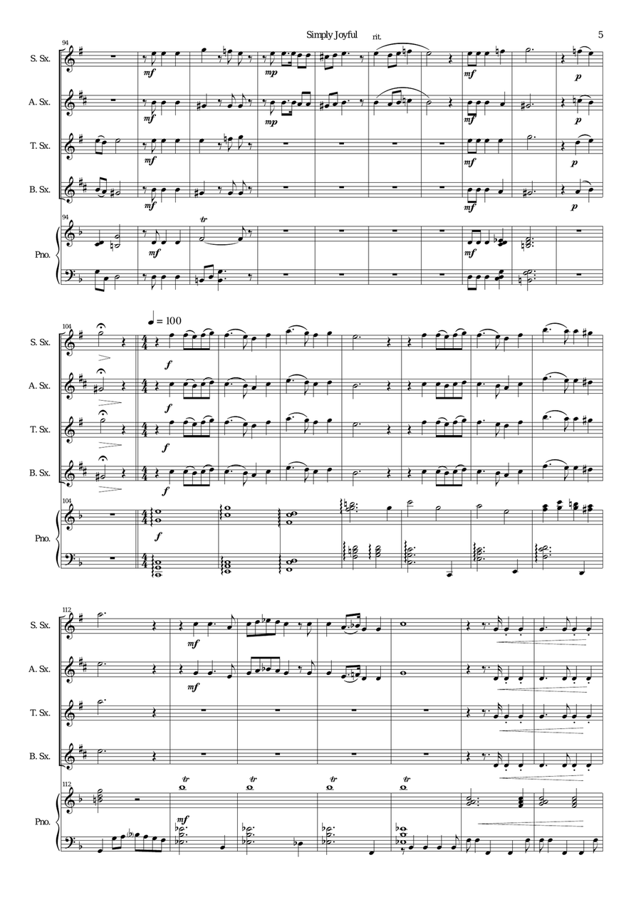 Simply joyful for saxophone quartet and piano Simply joyful for saxophone quartet and piano Tenor Saxophone scores gallery preview page 5