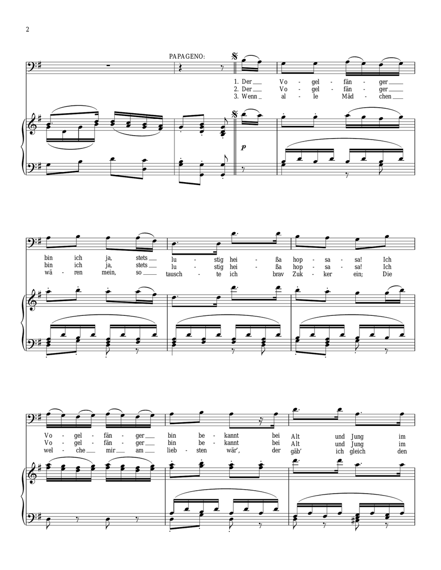 Der Vogelfanger Bin Ich Ja (The Magic Flute) Piano, Vocal, Guitar scores gallery preview page 2