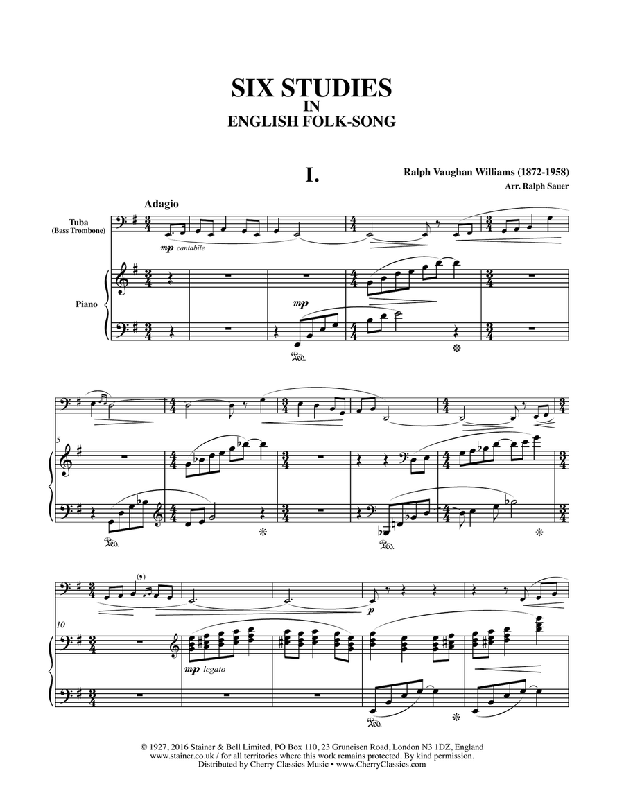 Six Studies in English Folksong for Tuba or Bass Trombone Bass Trombone scores gallery preview page 5