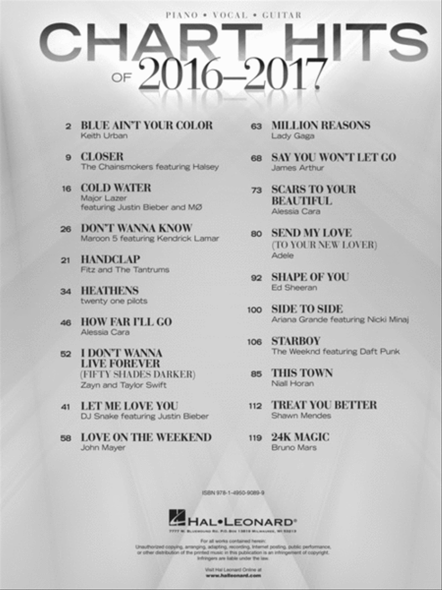 Chart Hits of 2016-2017 Piano, Vocal, Guitar scores gallery preview page 2