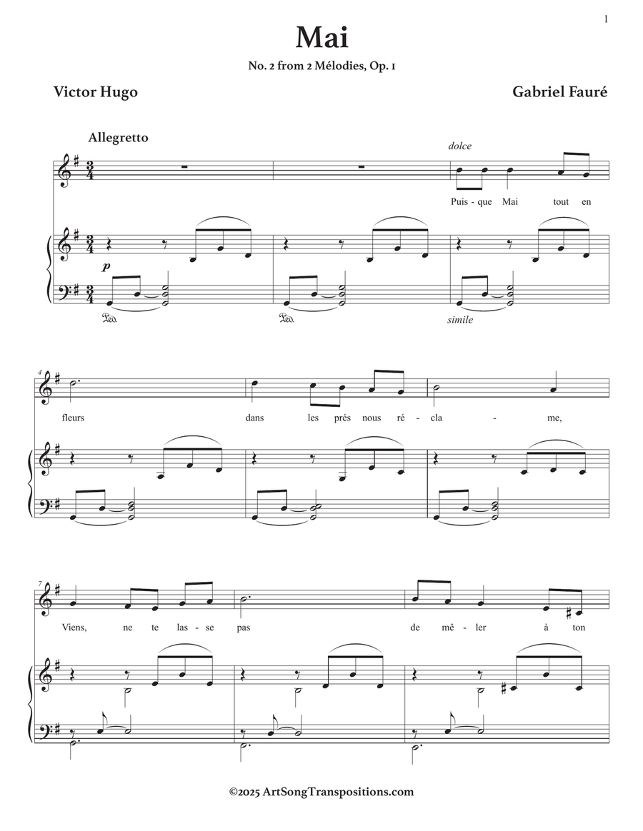 FAURÉ: Mai, Op. 1 no. 2 (transposed to G major) Piano, Vocal scores gallery preview page 2