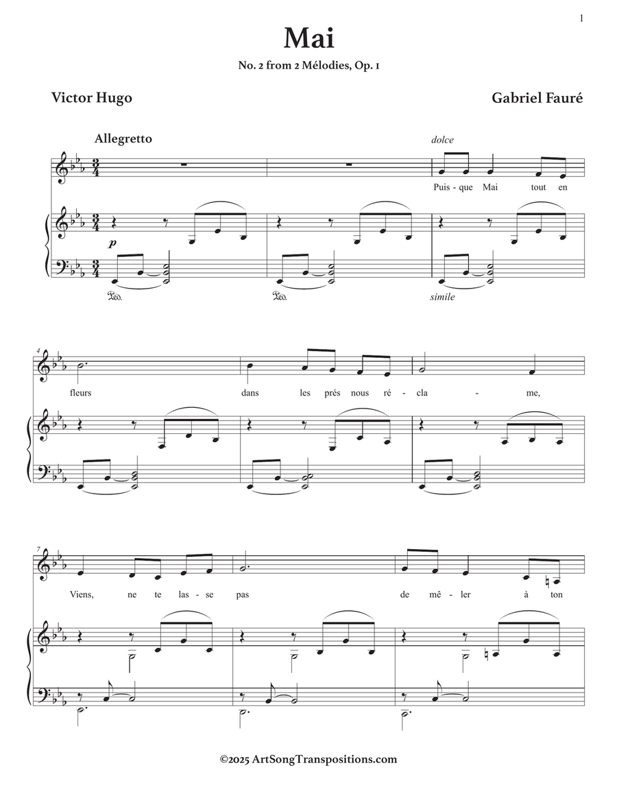 FAURÉ: Mai, Op. 1 no. 2 (transposed to E-flat major) Piano, Vocal scores gallery preview page 2