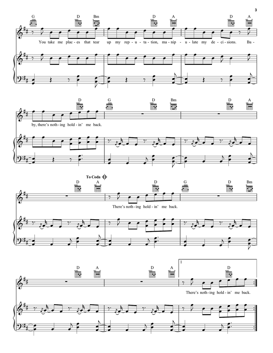 There's Nothing Holdin' Me Back Piano, Vocal, Guitar scores gallery preview page 3