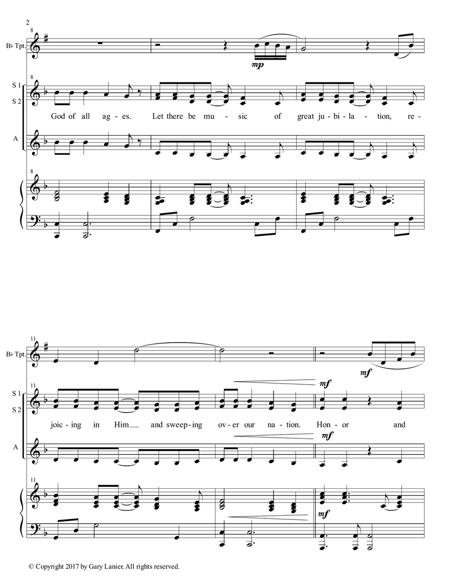 AMERICA, HONOR GOD (Ladies Trio - SSA with Bb Trumpet & Piano) SSA scores gallery preview page 3